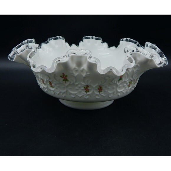 Fenton Silver Crest Spanish Lace Bowl Violets In The Snow 10 Inch Console - Picture 4 of 12